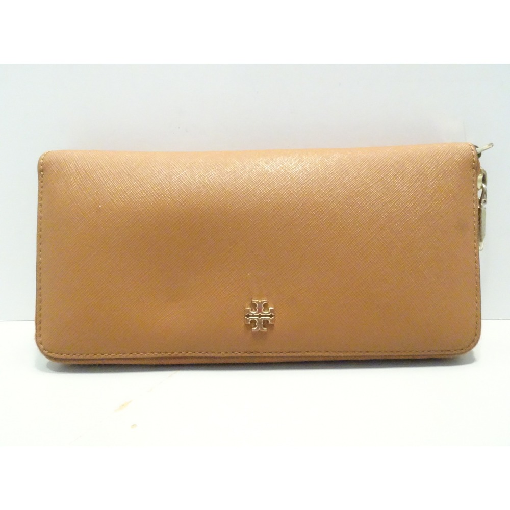 Tory Burch Robinson Zip Continental Wallet Tan Saffiano Leather Gold Logo